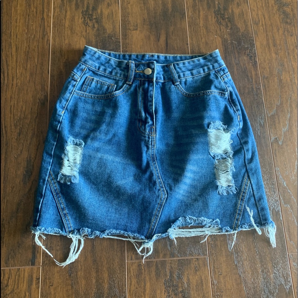 Distressed denim skirt